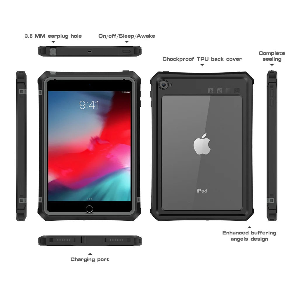 USP Apple iPad Mini (7.9') (5th/4th Gen) WaterProof Case Black - Support Smart Control Keyboard, 360° Rotation, DustProof, SnowProof, IP68