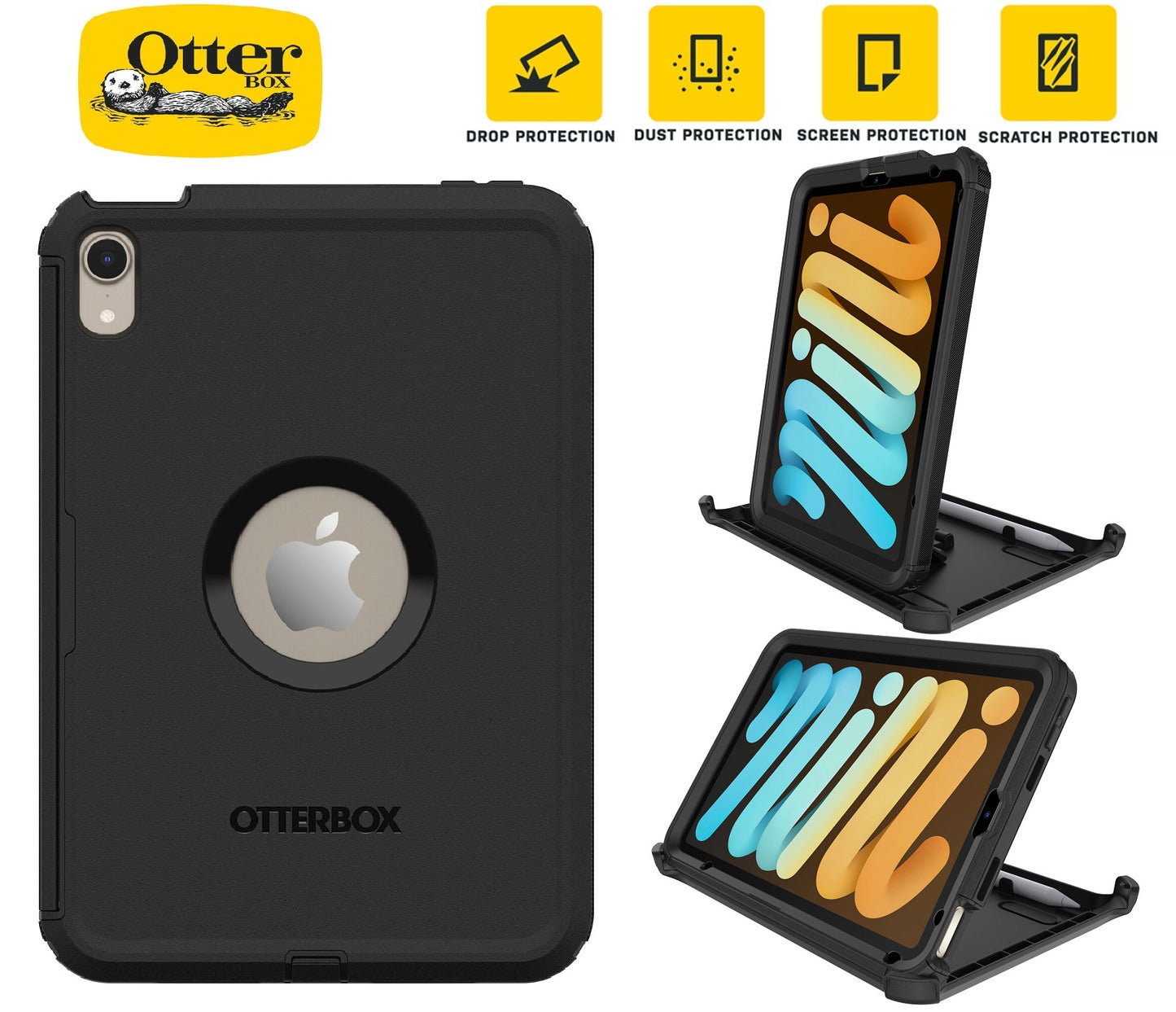 OtterBox Defender Apple iPad Mini A17 Pro (7th Gen) / iPad Mini (8.3') (6th Gen) Case Black - (77-87476), DROP+ 2X Military Standard, 7 Years Warranty