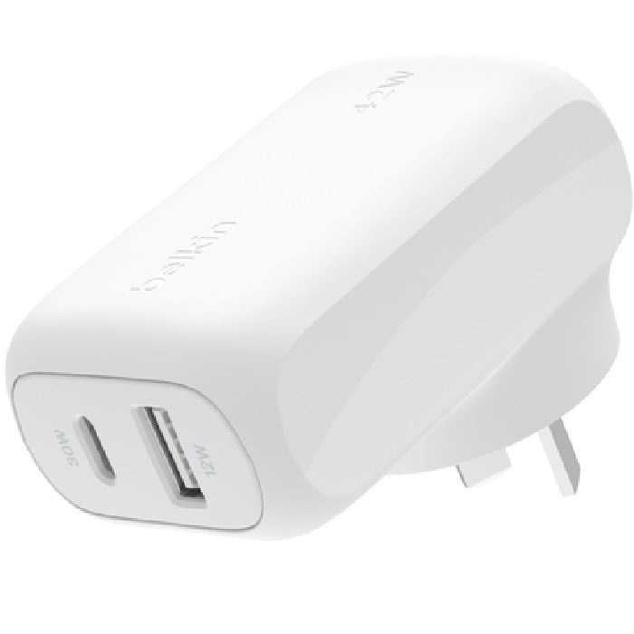 Belkin BoostCharge 42W PD 3.0 PPS Dual Wall Charger - White (WCB009auWH), 1xUSB-C (30W), 1xUSB-A (12W), Safe & Efficient, CEW $2500, 2 Years Warranty
