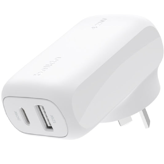 Belkin BoostCharge 42W PD 3.0 PPS Dual Wall Charger - White (WCB009auWH), 1xUSB-C (30W), 1xUSB-A (12W), Safe & Efficient, CEW $2500, 2 Years Warranty