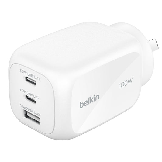 Belkin BoostCharge Pro 100W 3-Port GaN Wall Charger - White (WCH016AUWH), 2x USB-C, 1x USB-A, Compact Laptop Charger, CEW $2500, 2 Years Warranty