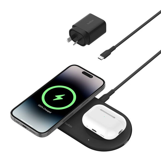Belkin BoostCharge Pro 2-in-1 Magnetic Qi2 Wireless Charging Pad + 30W Wall Charger + USB-C Cable (1.5M) - Black (WIZ021auBK), 15W, 2 Years Warranty