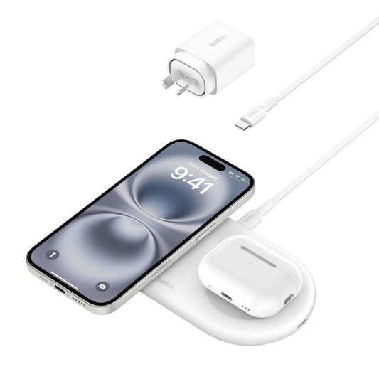 Belkin BoostCharge Pro 2-in-1 Magnetic Qi2 Wireless Charging Pad + 30W Wall Charger + USB-C Cable (1.5M) - White (WIZ021auWH), 15W, 2 Years Warranty