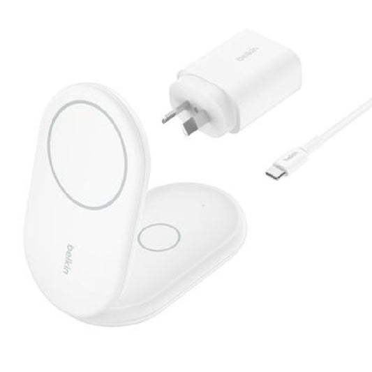 Belkin BoostCharge 2-in-1 Magnetic Wireless Foldable Charger with Qi2 15W - White (WIZ028auWH), Fast Wireless Charging, 2 Years Warranty