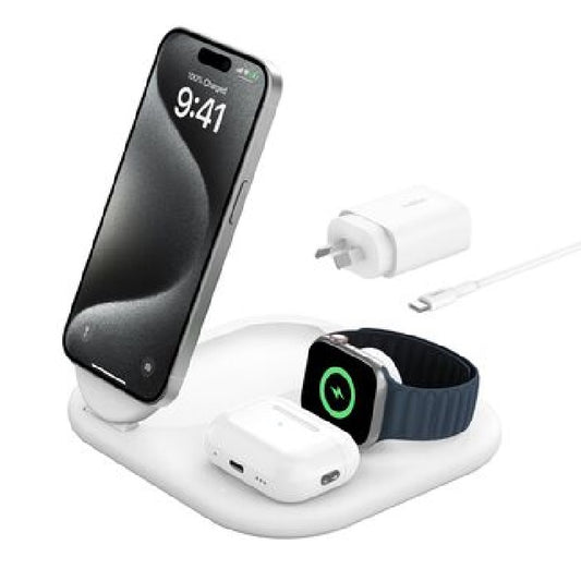 Belkin BoostCharge 3-in-1 Magnetic Wireless Foldable Charger with Qi2 15W - White (WIZ029auWH), Supports Fast Charging. 2 Years Warranty