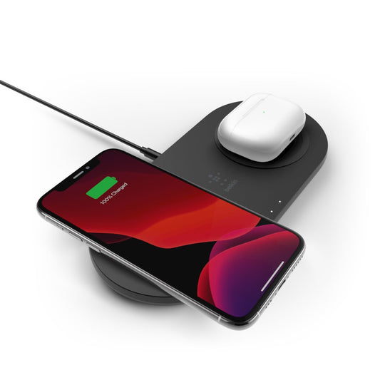 Belkin BoostCharge 15W Dual Wireless Charging Pads - Black (WIZ008auBK), Qi-Compatible, Non-Slippery,2-in-1 Fast Wireless Charger, 2 Years Warranty