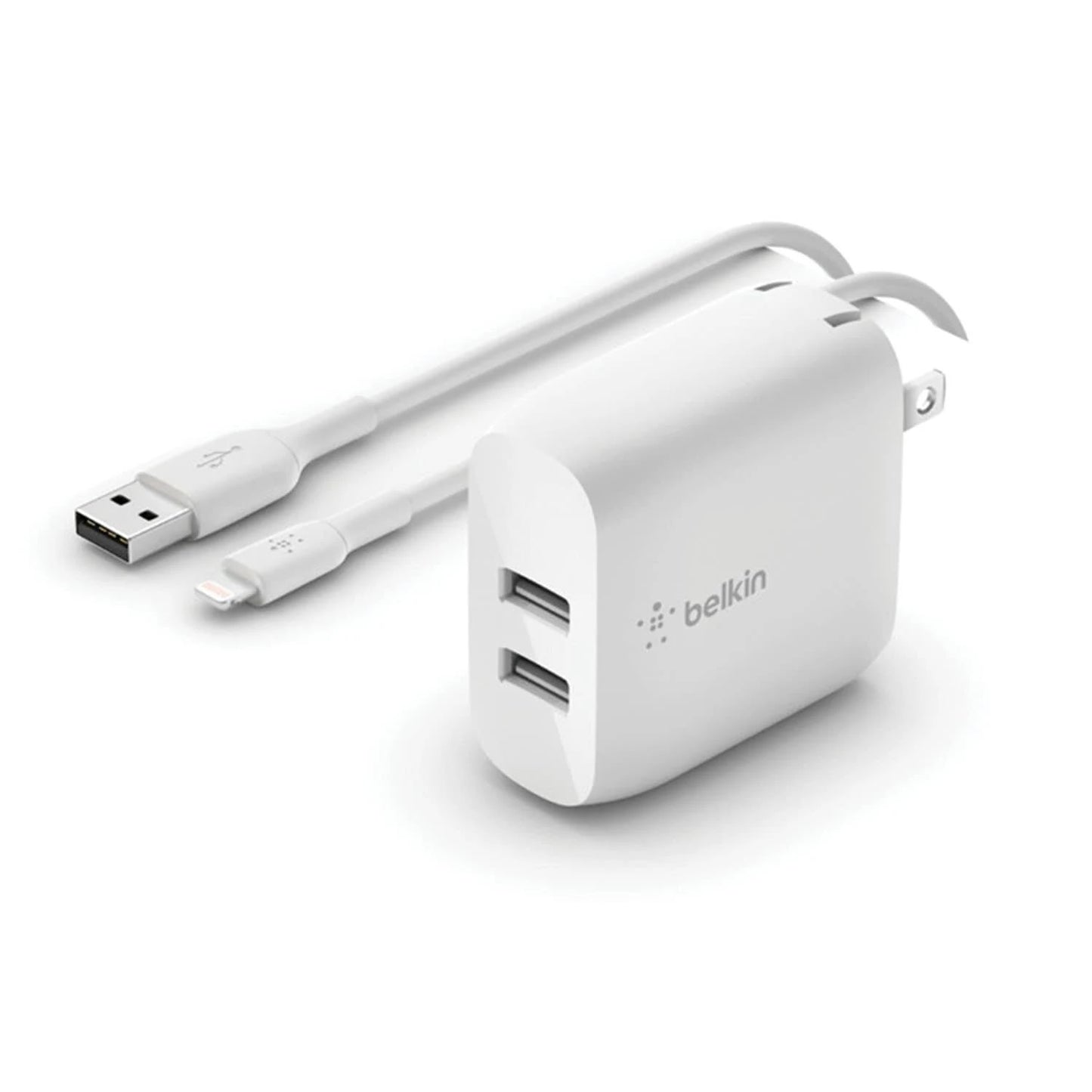 Belkin BoostCharge Dual USB-A Car Charger 24W + Lightning to USB-A Cable (1M) - White (WCD001au1MWH), 2x USB-A (12W), CEW $2,500, 2 Years Warranty