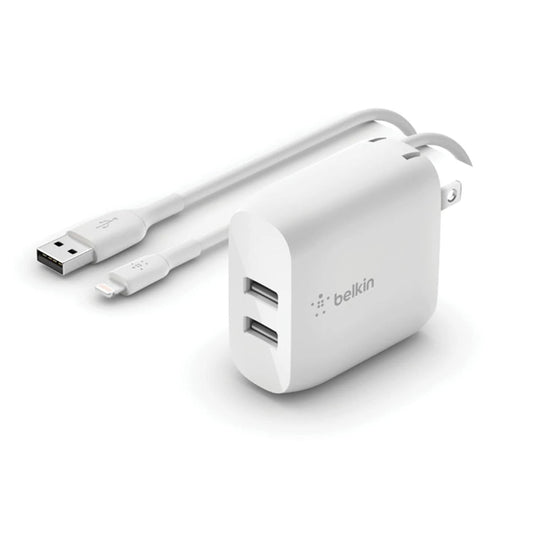 Belkin BoostCharge Dual USB-A Car Charger 24W + Lightning to USB-A Cable (1M) - White (WCD001au1MWH), 2x USB-A (12W), CEW $2,500, 2 Years Warranty