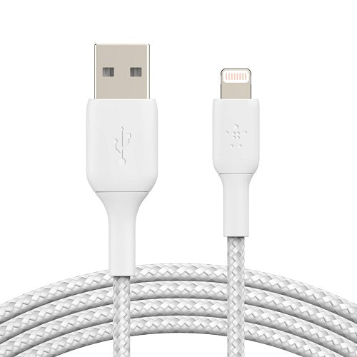 Belkin BoostCharge Braided Lightning to USB-A Cable (1M) - White (CAA002bt1MWH), 2.4A/12W, 480Mbps, 30K+ Bends, MFI-Certified, 2 Years Warranty