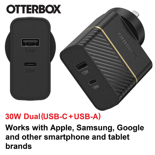OtterBox 30W Dual Port Premium PD Fast Wall Charger - Black (78-80029), (USB-C