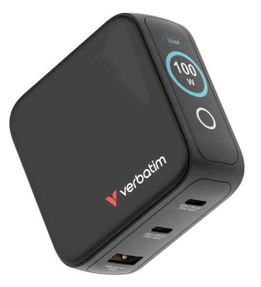 Verbatim Mini GaN Charger 100W with Display Compact 3-port wall charger with