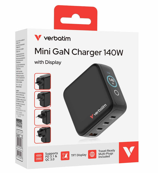 Verbatim Mini GaN Charger 140W with Display Premium 4-port GaN wall charger