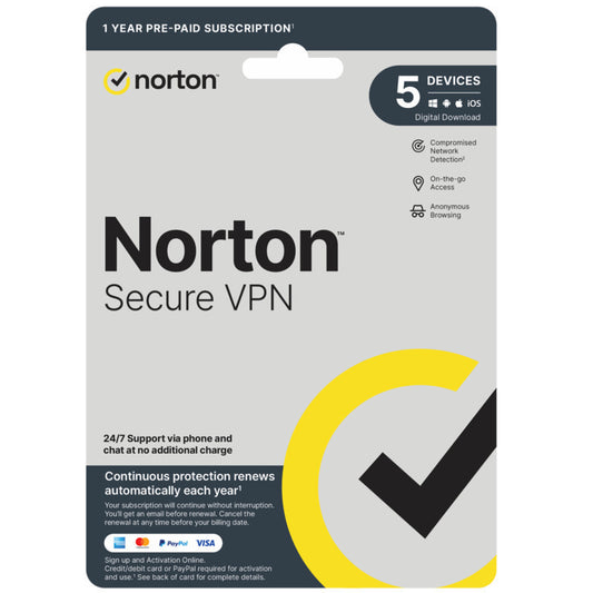 Norton Secure VPN - 1 User 5 Devices 1 Year Sub