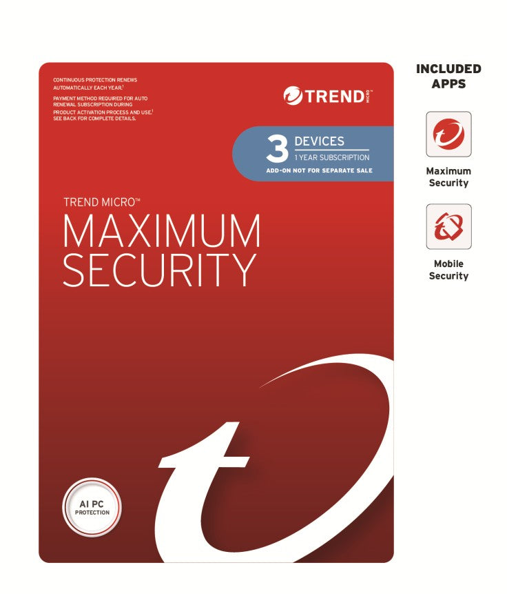 Trend Micro Maximum Security Plus (3 Devices) 1 Year Add-on Auto Renew OEM (Plus = Secure VPN / Cleaner Pro)