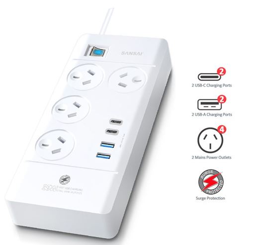Astrotek Sansai 4 Way Powerboard 4 Outlet 2×USB-A 2×USB-C Charging Ports Ports