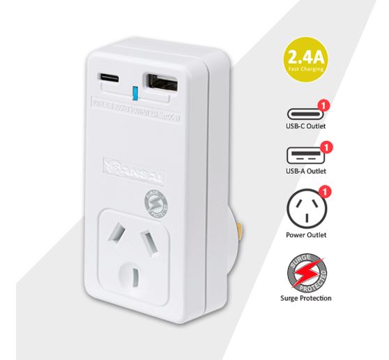 Sansai USB C + A 2xUSB charging Outlets Power Adaptor 240V 10A Surge protection Power status indicator Wall Charger