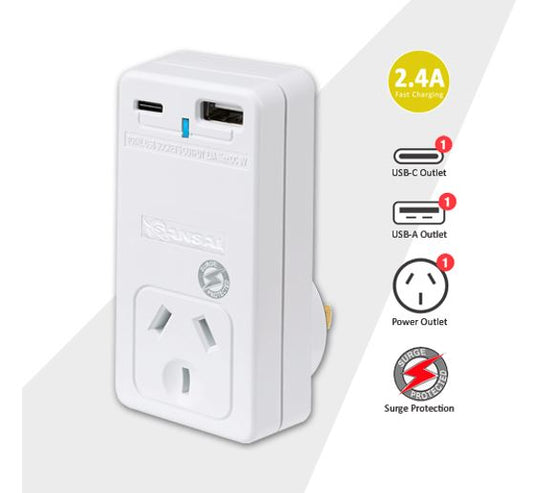 Sansai USB C + A 2xUSB charging Outlets Power Adaptor 240V 10A Surge protection Power status indicator Wall Charger