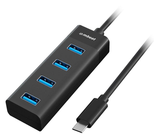 mbeatÂ® USB-C to 4-Port 3.0 Hub - Black USB 3.0 transfer speeds up to 5Gbps Material: ABS Plastic Cable Length: 200mm Weights: 36g