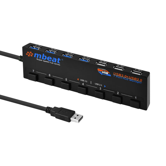 mbeatÂ® 7-Port USB 3.0 & USB 2.0 Powered Hub Manager with Switches - 4x USB 3.0 with 5Gbps/3x USB 2.0 with 2.4Ghz(480Mbps)/Super Fast Hub Weight: 129g