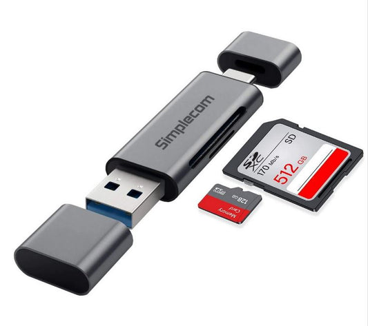 Simplecom CR402, SuperSpeed USB-C and USB-A SD/MicroSD Card Reader, Male to Male, 1 Year Warranty