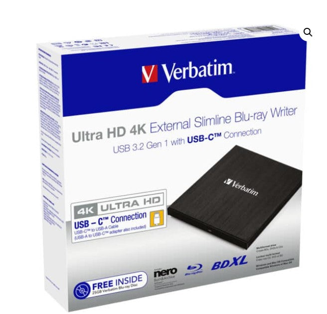 Verbatim External Slim Blue-ray Writer Ultra HD 4K Type-C Connection, USB 3.1 Gen1. Includes Nero Burning Software. Ultra Portable. New 2025