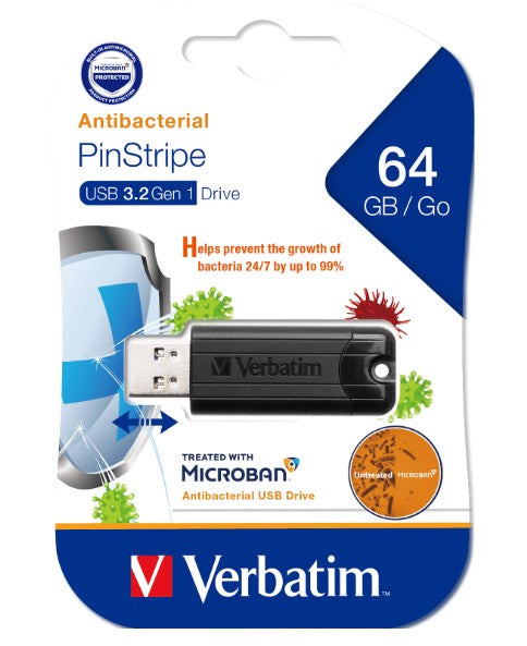Verbatim 64GB Antibacterial Pinstripe USB 3.0 Drive (with MicrobanÂ®) Black