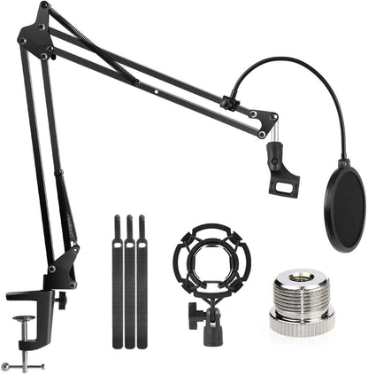 Microphone Radio Broadcasting Stand with 3/8to 5/8" Screw Adapter and Windscreen Pop Filter"