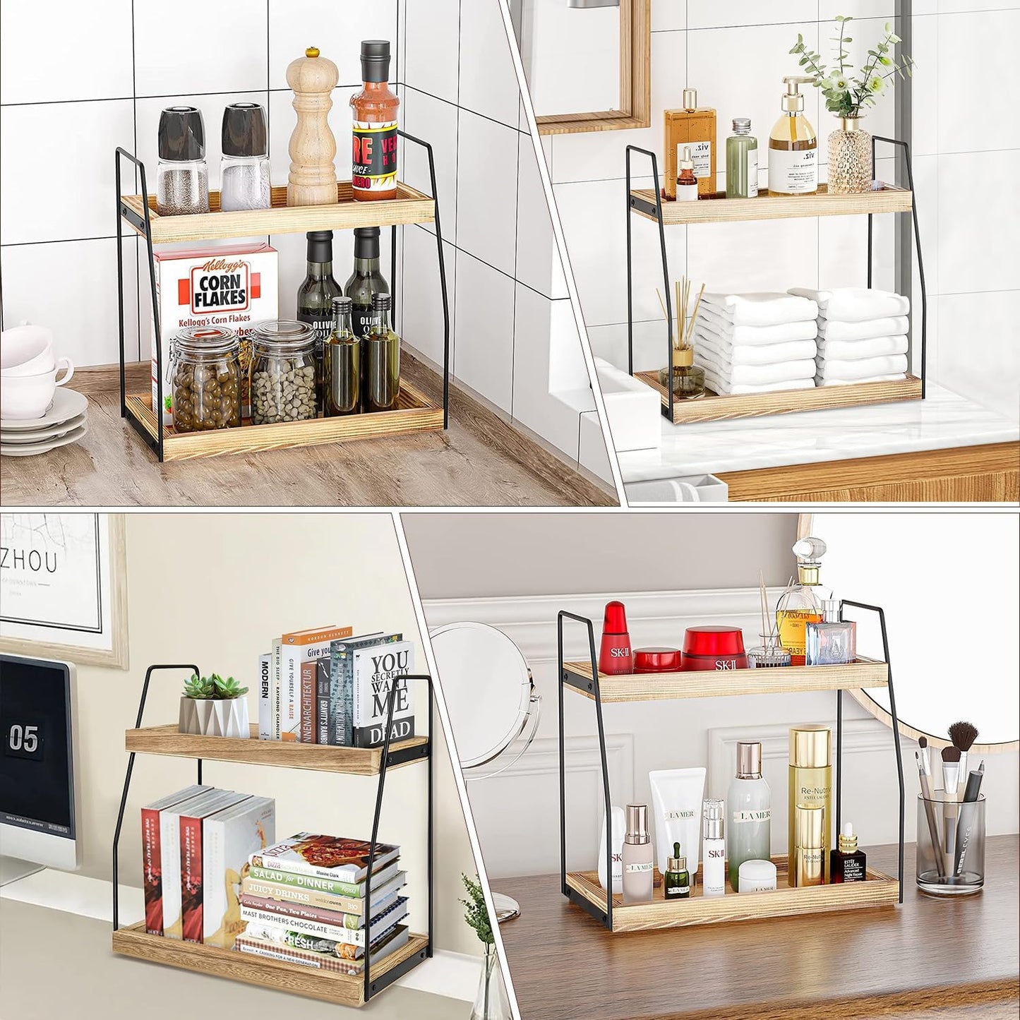CARLA HOME 2-Tier Wooden Coffee Station Rack Organizer for Coffee Bar, Condiments, Syrups, Storage Jars & Spice Storage Shelf