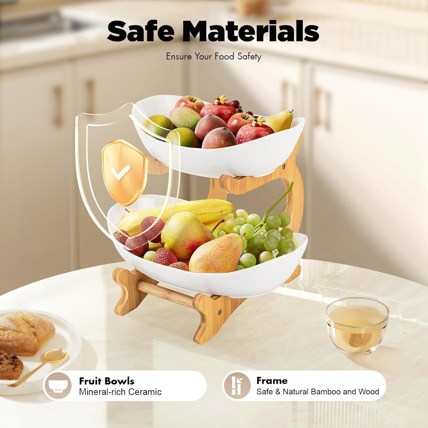 CARLA HOME 2-Tier Ceramic Fruit Bowl Basket with Bamboo Stand for Kitchen Counter, Snack Tray, Dessert Server & Vegetable Storage Rack