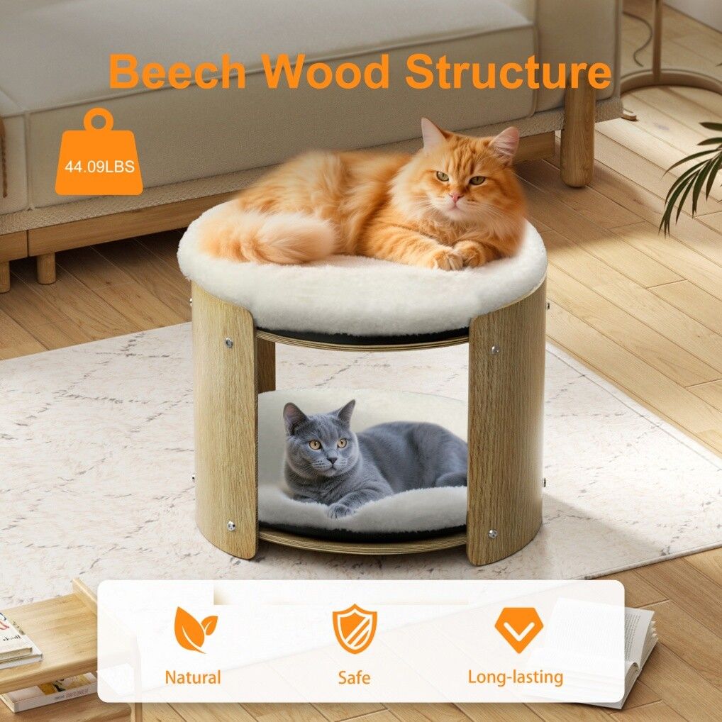 Elevated Double Cat Bed 2-Tier Wooden Plush Kitten Lounge