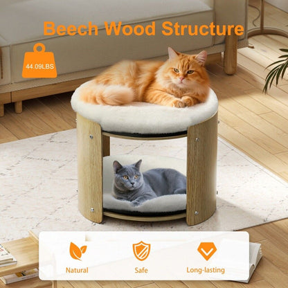 Elevated Double Cat Bed 2-Tier Wooden Plush Kitten Lounge