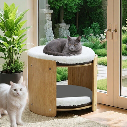 Elevated Double Cat Bed 2-Tier Wooden Plush Kitten Lounge