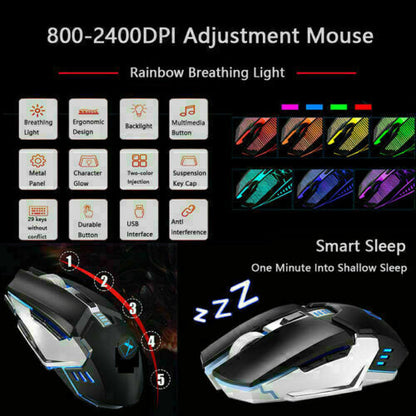 104 Keys Wireless Gaming Keyboard Mouse Set+Mouse Pad, RGB LED Backlit PC/Laptop Black-Rainbow