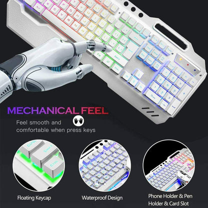 104 Keys Wireless Gaming Keyboard Mouse Set+Mouse Pad, RGB LED Backlit PC/Laptop White-RGB