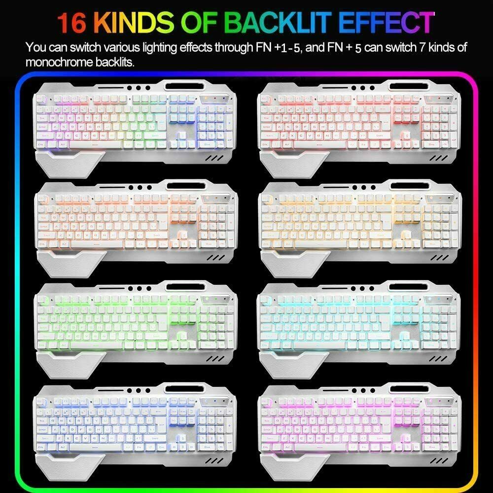 104 Keys Wireless Gaming Keyboard Mouse Set+Mouse Pad, RGB LED Backlit PC/Laptop White-RGB