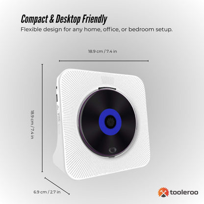 Tooleroo USB Rechargeable Desktop CD Player Speaker – Bluetooth Portable White