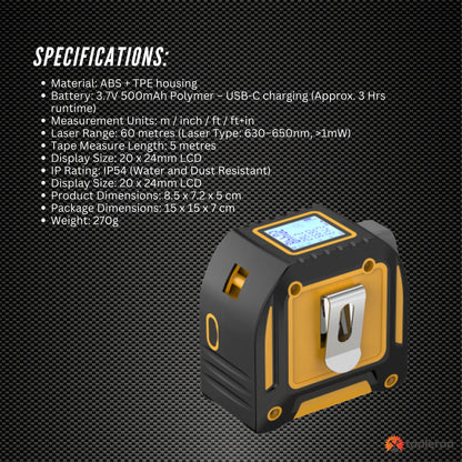 Tooleroo 60m Digital Laser Tape Measure + 5m Steel Tape – 3-in-1 Cross Marking