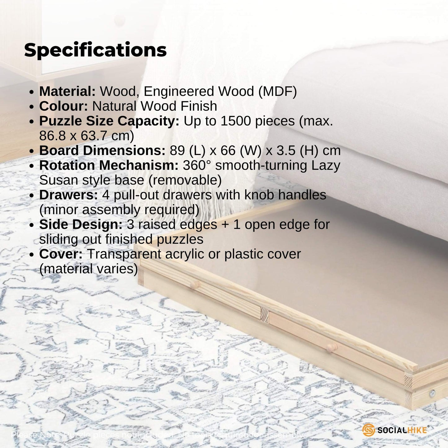 Social Hike 1500pcs Puzzle Board 4 Drawer with Cover - Wooden Rotating Tabletop