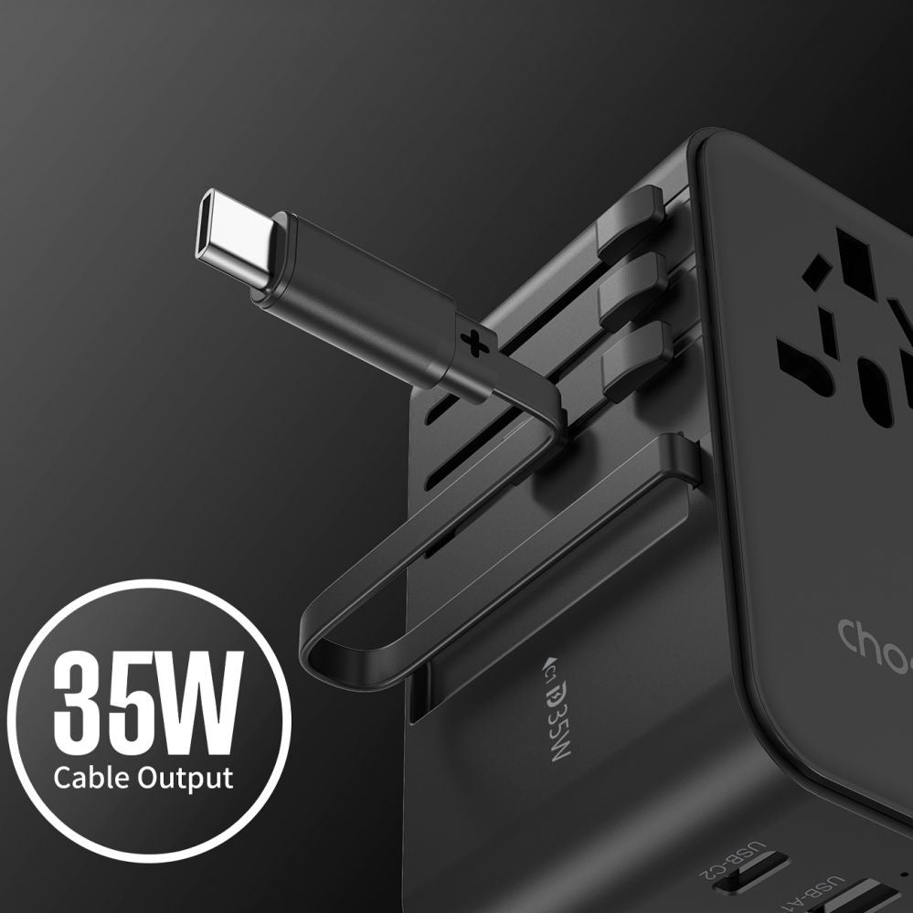 CHOETECH PD5020 35W EU/US/AUS/UK Travel Adapter with Built-in USB-C Cable - Black