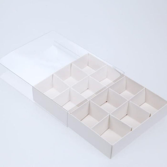 100 Pack of White Card Chocolate Sweet Soap Product Retail Gift Box - 12 bay 4x4x3cm Compartments  - Clear Slide On Lid - 16x12x3cm
