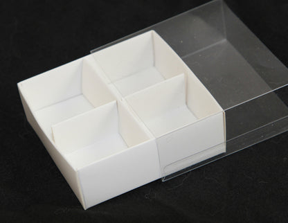 100 Pack of White Card Chocolate Sweet Soap Product Retail Gift Box - 4 Bay Compartments - Clear Slide On Lid - 8x8x3cm