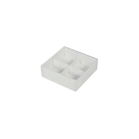 100 Pack of White Card Chocolate Sweet Soap Product Retail Gift Box - 4 Bay Compartments - Clear Slide On Lid - 8x8x3cm