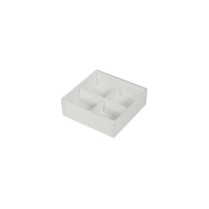 100 Pack of White Card Chocolate Sweet Soap Product Retail Gift Box - 4 Bay Compartments - Clear Slide On Lid - 8x8x3cm