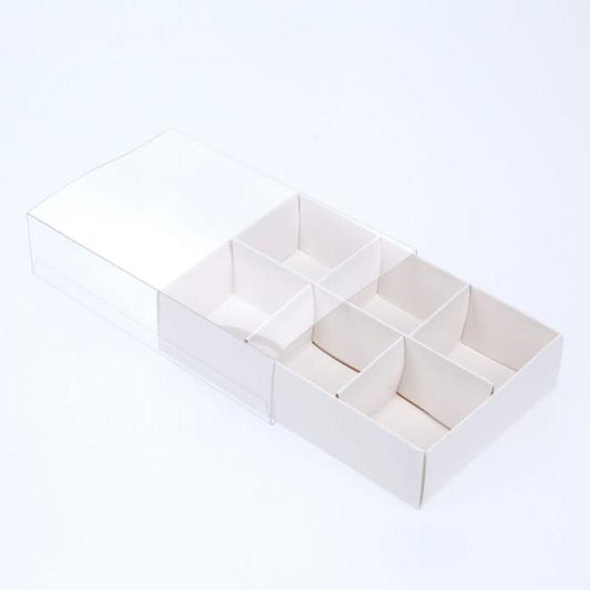 100 Pack of White Card Chocolate Sweet Soap Product Retail Gift Box - 6 Bay Compartments - Clear Slide On Lid - 12x8x3cm