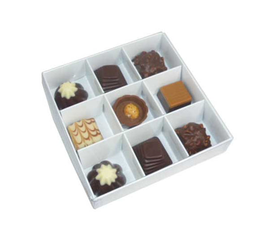 100 Pack of White Card Chocolate Sweet Soap Product Retail Gift Box - 9 bay 4x4x3cm Compartments  - Clear Slide On Lid - 12x12x3cm