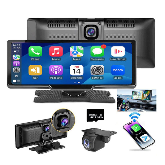 10.26 Wireless Apple Android Carplay Dual Dash Cam Front Rear Camera with 64G Card"