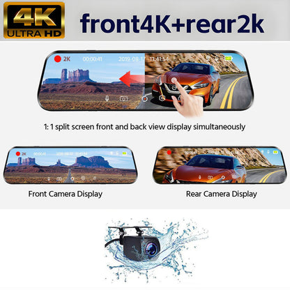 10” 4K Mirror Dash Cam, 2K Rear Camera, WiFi GPS ADAS BSD, Stream Media, 64GB Included
