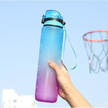 1L Water Bottle Motivational Drink Flask With Time Markings Bpa Free Sport Gym - Green+Purple