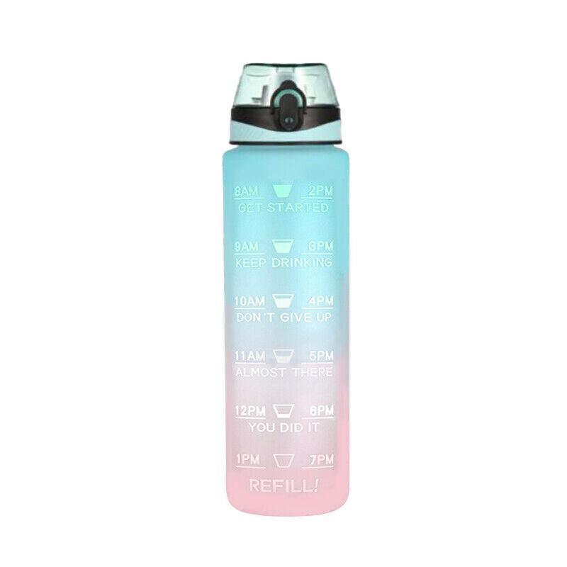 1L Water Bottle Motivational Drink Flask With Time Markings Bpa Free Sport Gym - Green+Purple