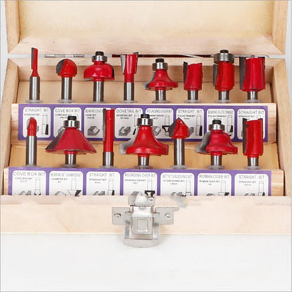 15X 1/2 1/4 inch Router Bits Set Woodworking Tool Cutter Shank Tungsten Carbide - Red 1/4